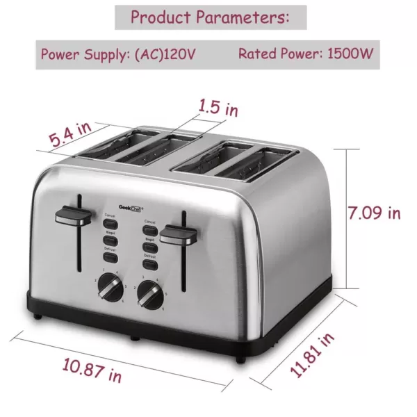 Boyel Living 1500 W 4-Slice Silver Wide Slot Toaster with Dual Control Panels