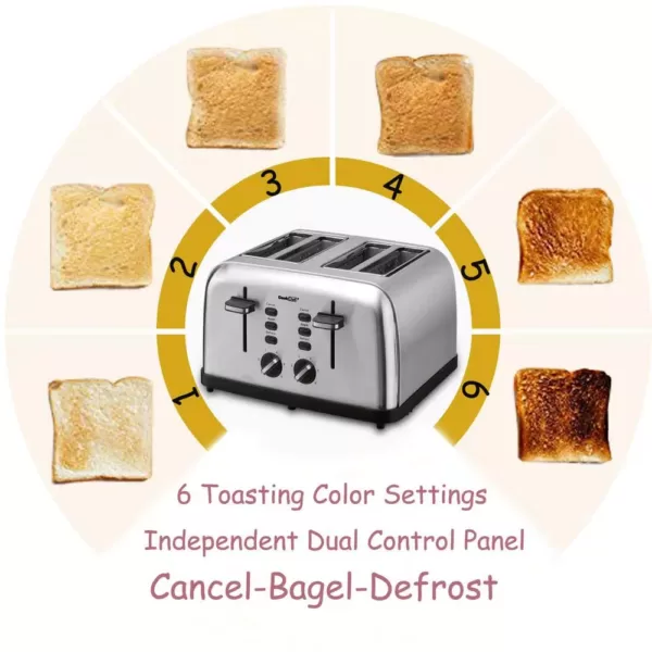 Boyel Living 1500 W 4-Slice Silver Wide Slot Toaster with Dual Control Panels